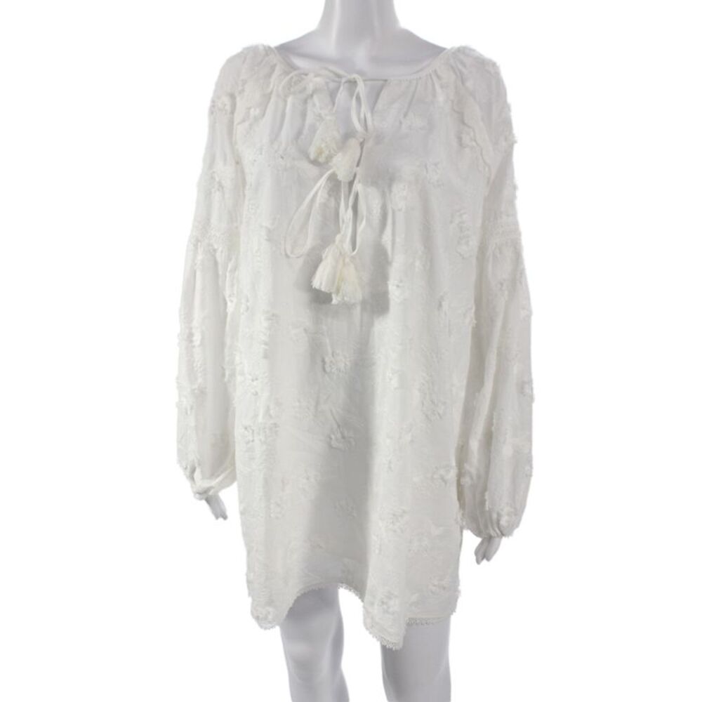 Bell Women Tunic Blouse White Floral Long Sleeve Tie Cotton Size XS